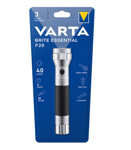 Lanterna LED Varta Brite Essential F20, 40 lm, 2xC, Aluminiu/cauciuc, Resigilat, Grad A