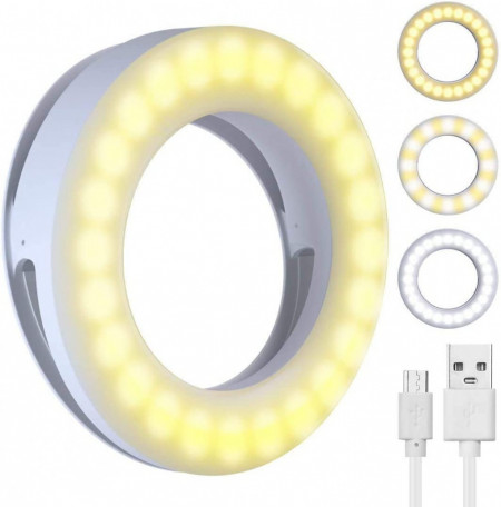 Lumina inelara LED pentru selfie Juda, USB, 3 niveluri de luminozitate, 3 trepte de temperatura, 9 x 9 x 3,1 cm - Img 1