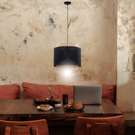 Lustra tip pendul Lana Couch, plastic/textil/ratan, negru/natur, 38 x 38x 180 cm