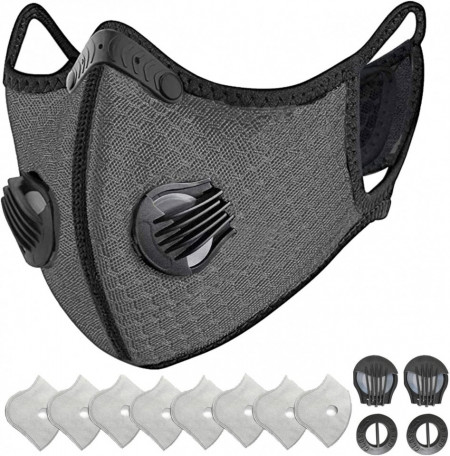 Masca de protectie praf M cu filtru de carbon si supape pentru motocicleta HONYAO, gri, fibra de carbon/nailon/bumbac, cu 8 filtre suplimentare