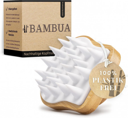 Perie de masaj pentru scalp BAMBUA, bambus/silicon, natur/alb, 10 x 8 x 9 cm