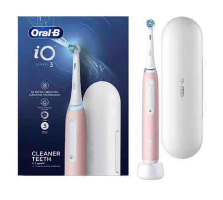 Periuta de dinti electrica Oral-B iO 3, cu Tehnologie Magnetica si Micro-Vibratii, Senzor de presiune Smart, 3 moduri, 1 capat, Trusa de calatorie, Roz, Resigilat, Grad A