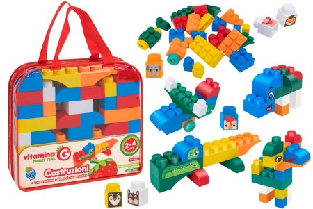 Set 32 cuburi de constructie multicolore, Globo Vitamina G, pentru bebelusi si copii, in geanta transport cu fermoar, cuburi cu fete vesele de animale, din plastic, dimensiune mare