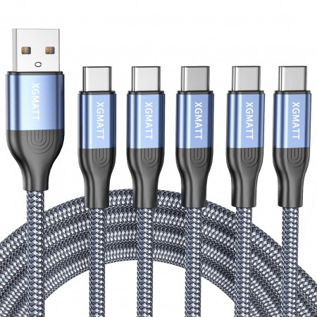 Set 5 cabluri USB Type C Xgmatt, nailon/aliaj de aluminiu, gri/negru/albastru, 2 m