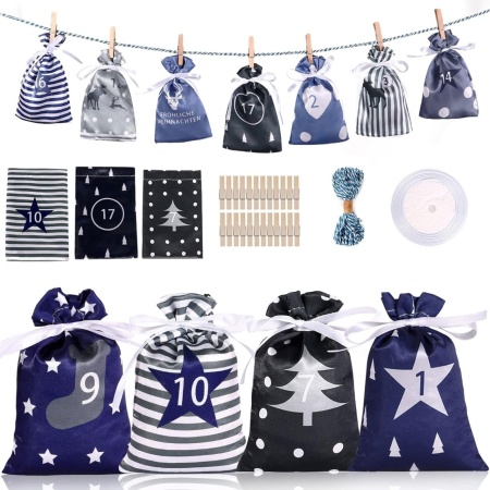 Set calendar de advent Wovee, lemn/textil, 24 saculeti cu accesorii, multicolor