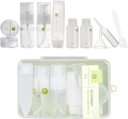 Set de 11 recipiente de calatorie pentru sampon/sapun Sbomi, plastic, verde/transparent