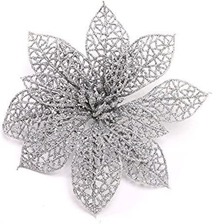 Set de 12 flori artificiale pentru bradul de Craciun Crazy Night, argintiu, plastic, 15 cm