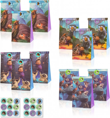 Set de 12 pungi pentru cadouri si 18 autocolante animate Yisscen, hartie, multicolor, 13 x 8 x 21,5 cm