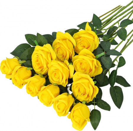 Set de 12 trandafiri artificiali Hawesome, matase/plastic, galben/verde, 52 x 7 cm