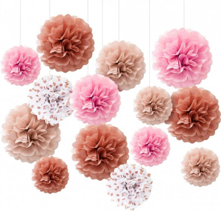 Set de 14 decoratiuni pompoms BoBostarky, hartie, rose, 20 cm / 25 cm / 30 cm - Img 1
