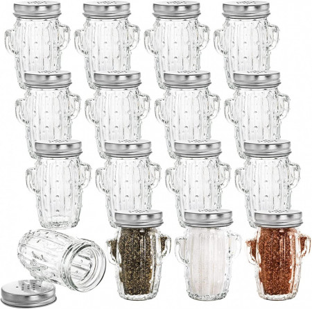Set de 16 recipiente pentru condimente WUWEOT, sticla/metal, transparent/argintiu, 4 x 9 x 4,5 cm