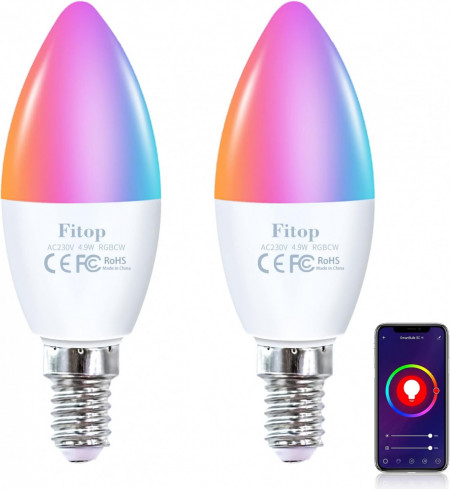 Set de 2 becuri inteligente E14 Fitop, 4,9 W,470LM + RGB 16 milioane de culori, Control APP, compatibil cu Alexa / Google Home, control vocal, 114 X 39 mm