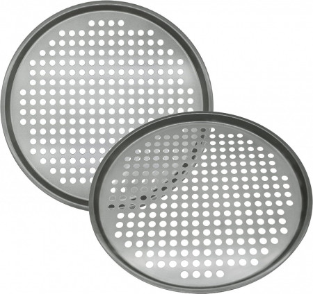 Set de 2 tavi cu gauri pentru pizza Maxi Nature, aluminiu, negru, rotund, 33,02 x 2,54 cm