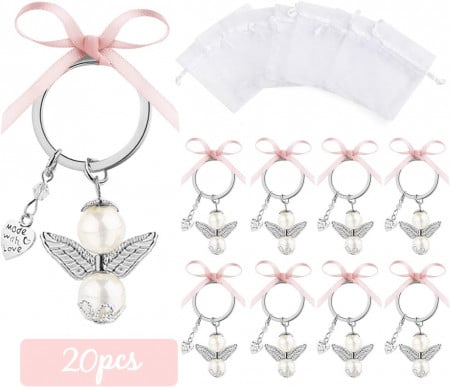 Set de 20 brelocuri cu pandativ inger pentru cadou de botez/nunta ABSOFINE, metal/organza, argintiu/roz/alb, 5,8 cm