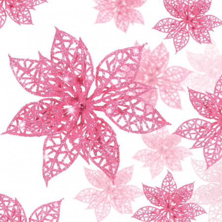 Set de 24 flori cu sclipici pentru brad Boao, plastic, roz, 8/10/15 cm
