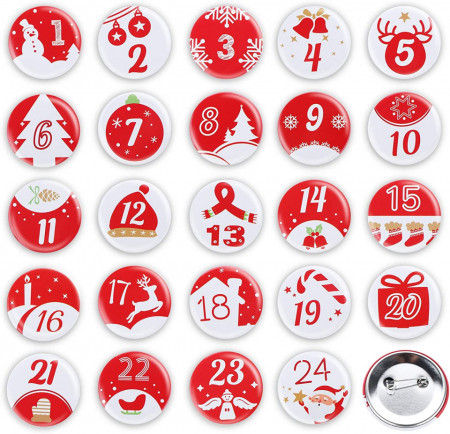 Set de 24 insigne cu numere pentru calendar de advent Adorfine, rosu/alb, metal/plastic, 4 cm