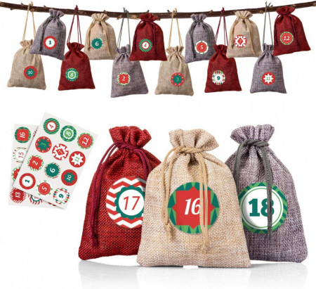 Set de 24 saculeti si 24 stickere pentru calendarul de advent Naler, textil/PVC, multicolor