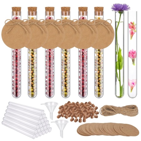 Set de 25 eprubete cu dop de pluta si accesorii Zocipro, plastic/hartie, multicolor