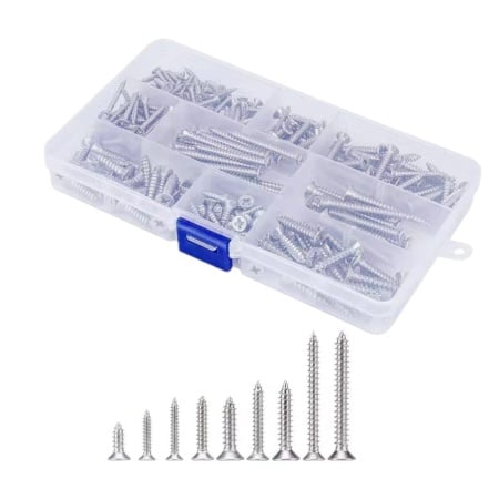 Set de 265 suruburi cu cap plat JZK, otel inoxidabil/plastic, argintiu, M3, M4, M5