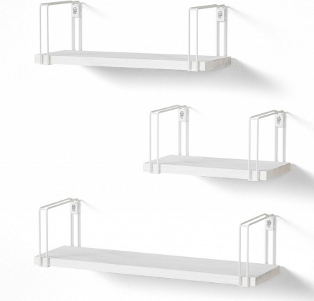 Set de 3 rafturi de perete SRIWATANA, metal/lemn, alb, 43/33/23 cm