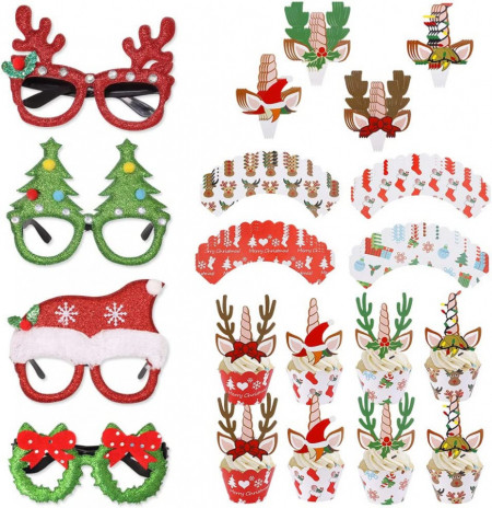 Set de 4 perechi de ochelari si 48 decoratiuni pentru prajituri Simpu, plastic/hartie, multicolor