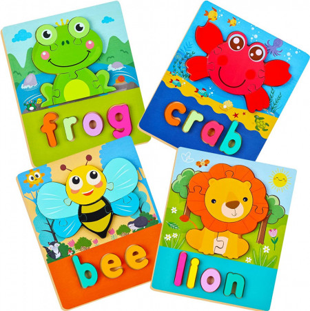 Set de 4 puzzle-uri pentru copii 1-4 ani BBLIKE, lemn, multicolor, 18 x 14,5 cm