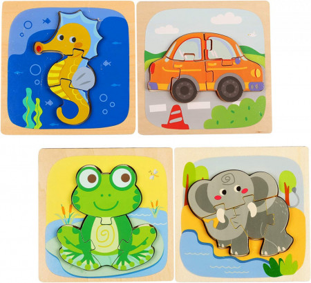 Set de 4 puzzle-uri pentru copii 1-4 ani ZERHOK, lemn, multicolor, 15 x 15 cm