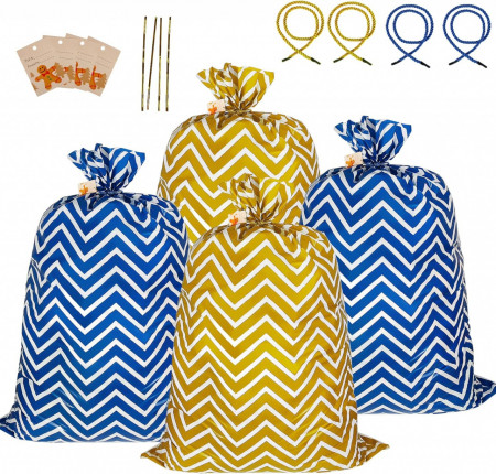 Set de 4 saci cu etichete si snur pentru Craciun Advantez, polietilena/hartie, alb/galben/albastru, 142,2 x 91,4 cm