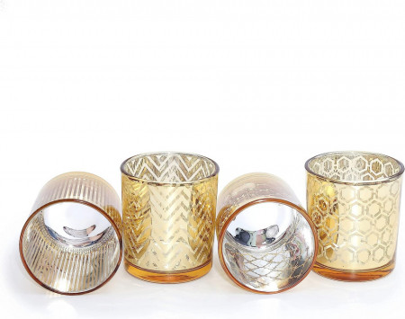 Set de 4 suporturi pentru lumanari Flanacom, sticla, auriu, 7 x 8 cm