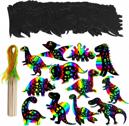 Set de 48 dinozauri pentru scratch, 12 bete si 48 benzi SMLHPARTY, lemn/hartie, multicolor