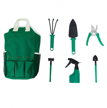 Set de 6 instrumente pentru gradinarit si o geanta de depozitare KJK, plastic/metal, negru/verde