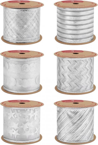 Set de 6 role de panglica pentru cadouri de Craciun Jodsen, textil, argintiu, 6 m x 63 mm