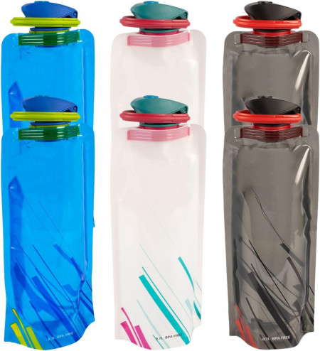 Set de 6 sticle de apa pliabile pentru calatorii Ylsen, PET/PE, multicolor, 700 ml, 25,5 cm