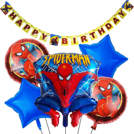 Set de banner si 5 baloane cu Spider-Man pentru aniversare copii Miotlsy, folie, multicolor, 45 cm