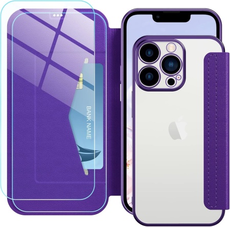 Set de husa si 2 folii de protectie ecran pentru iPhone 13 Pro Max Petocase, piele PU/sticla securizata, violet, 6,7 inchi