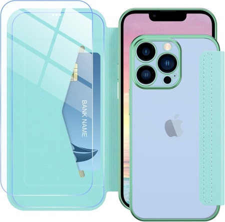 Set de husa si 2 folii de protectie ecran pentru iPhone 13 Pro Petocase, piele PU/sticla securizata, verde menta, 6,1 inchi