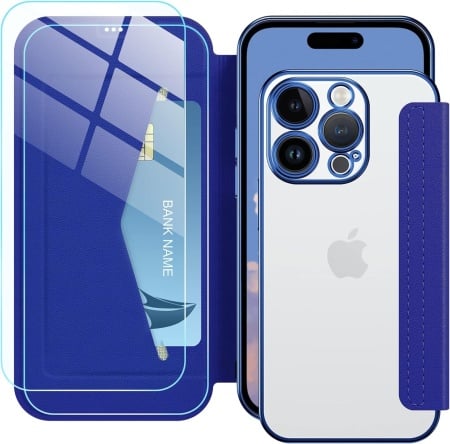 Set de husa si 2 folii de protectie ecran pentru iPhone 14 Pro Petocase, piele PU/sticla securizata, albastru, 6,1 inchi