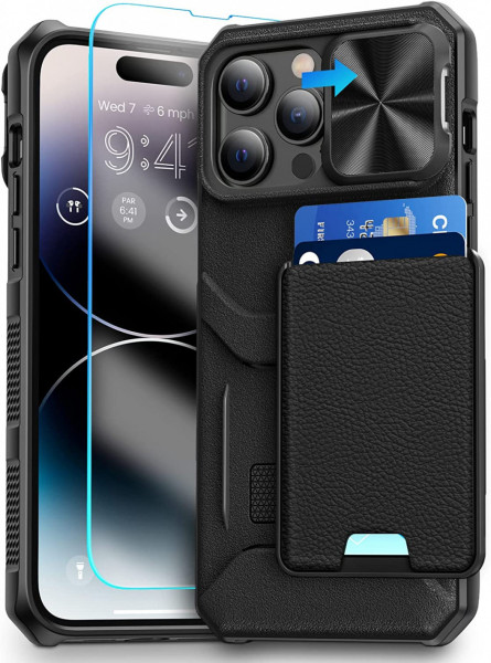 Set de husa si folie de protectie ecran pentru iPhone 14 Pro Max HWeggo, piele PU/sticla securizata, negru, 6,7 inci