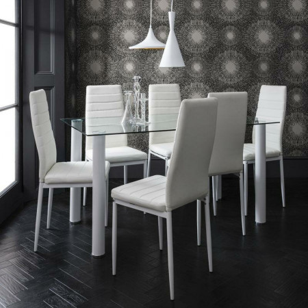 Set de living Gorge masă cu blat de sticlă + 6 scaune din piele sintetică, alb - Img 1