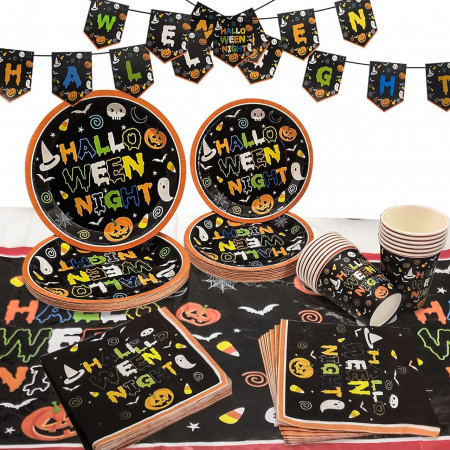 Set de petrecere pentru Halloween Halcyerdu, hartie, multicolor, pentru 16 persoane, 66 piese