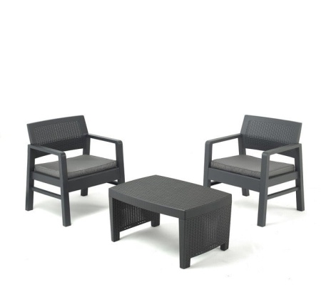 Set mobilier gradina/terasa, Prograden, TAMBO, 3 piese, polipropilena, antracit, 2 scaune 76x53x40 cm, masa 76x53x40 cm, cu perne incluse, Resigilat, Grad A