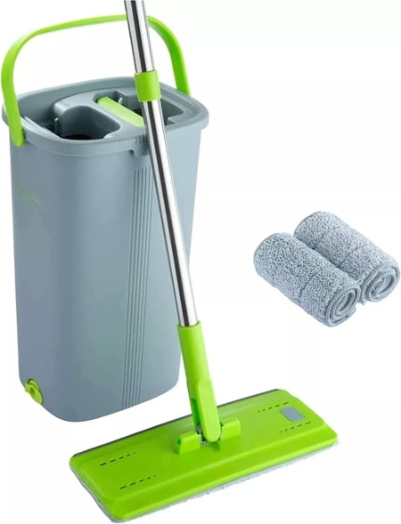 Set mop si galeata, EasyGleam, mop plat cu maner din otel inoxidabil, galeata inovatoare cu doua camere pentru utilizare umeda si uscata, 1 Rezerva, Resigilat, Grad A
