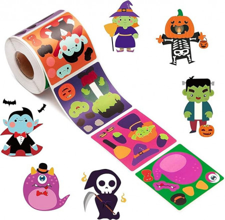 Set rola cu 300 autocolante pentru Halloween, PVC, multicolor