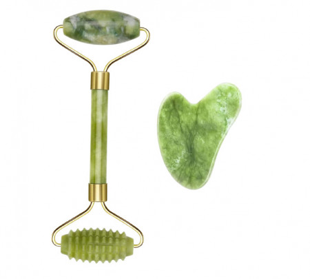 Set roller si piatra de jad pentru masaj facial DEEINN, verde/auriu