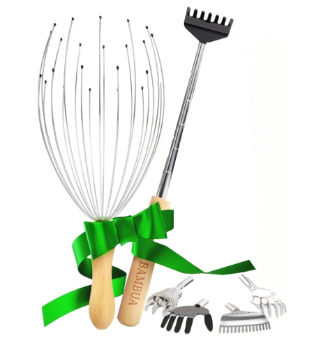 Set ustensila de scarpinat pentru spate cu 5 capete si ustensila de masaj pentru par Bambua, metal/bambus, natur/argintiu/negru