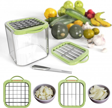 Taietor multifunctional de fructe/legume EASYDRILL, plastic/otel inoxidabil, transparent /verde/argintiu, 8,9 x 8,9 x 8,9 cm