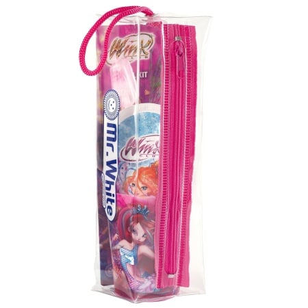 WINX Set voiaj copii Periuta dinti cu ventuză, Pahar apă si Pastă de dinti copii +3 ani Aromă Mentă 75ml