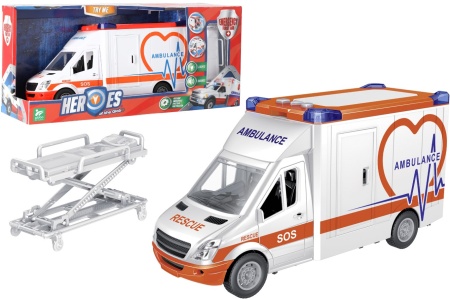 Ambulanta de jucarie pentru copii, Globo Heroes, alba, cu sunete si lumini specifice, baterii incluse, targa tip pat pacient, usi care se deschid, complet multifunctionala, 36 cm lungime