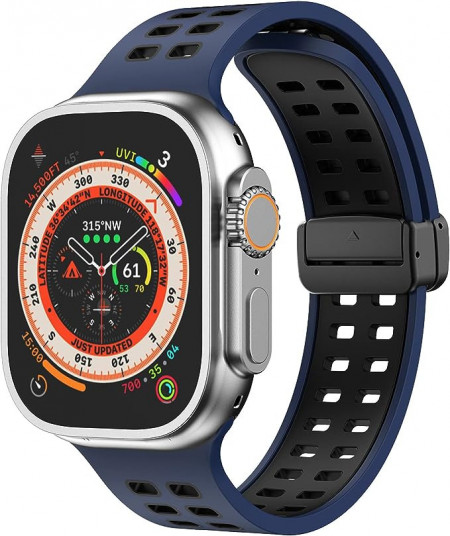 Bratara NewJourney, compatibila cu cu Apple Watch 38/40/41/ 42/44/45/49 mm, silicon, albastru /negru