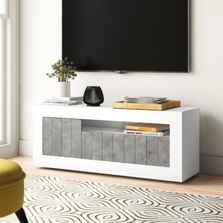 Comoda TV Mavis, lemn/ pal, alb/gri, 138 x 56 x 42 cm - Img 1